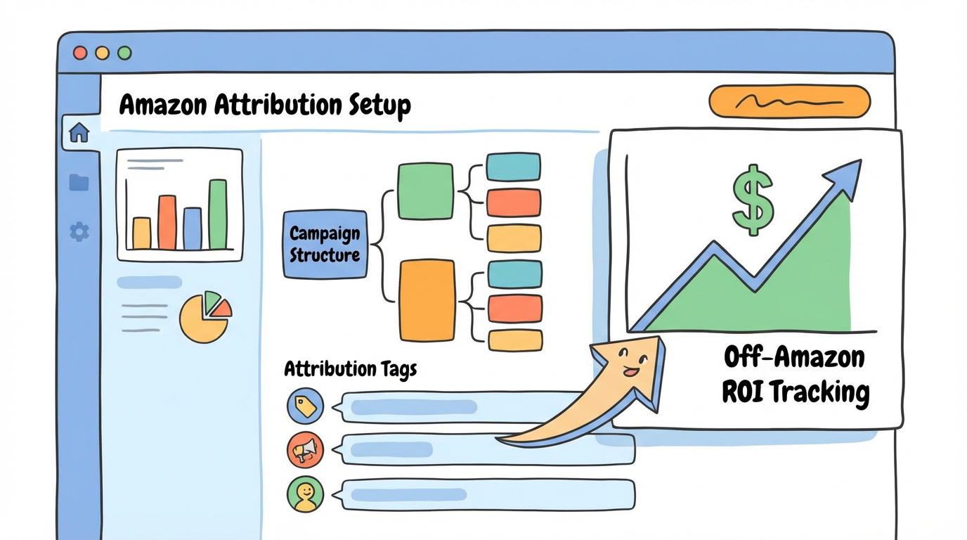 Amazon Attribution setup dashboard showing campaign structure and attribution tags for tracking off-amazon marketing ROI