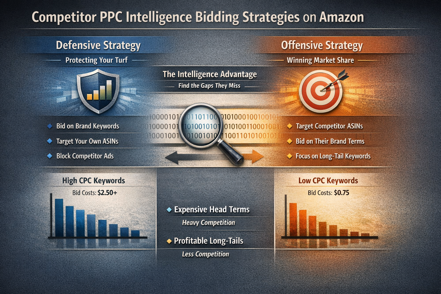 Defensive vs Offensive Bidding Strategies in Competitor PPC Intelligence Comparison diagram of defensive and offensive competitor PPC intelligence bidding strategies on Amazon