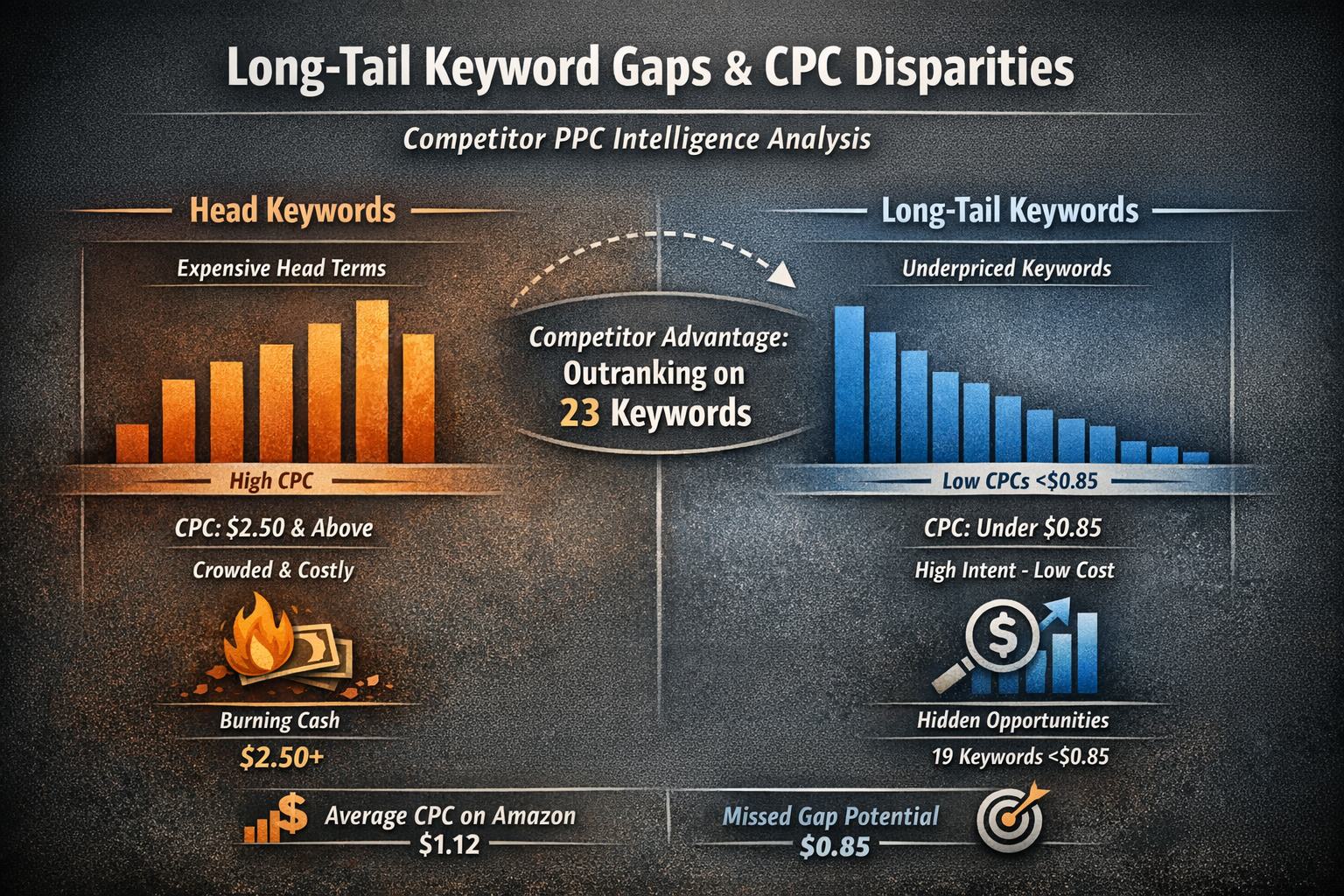 Long-Tail Keyword Gaps Revealed Through Competitor PPC Intelligence Chart showing long-tail keyword gaps and CPC differences discovered through competitor PPC intelligence analysis