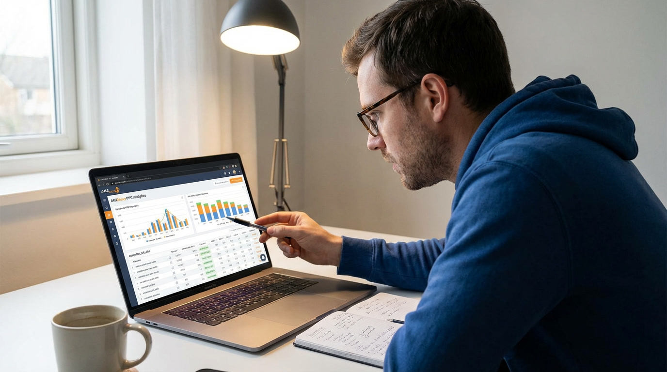 Amazon seller analyzing competitor PPC intelligence data on laptop screen with keyword research tools