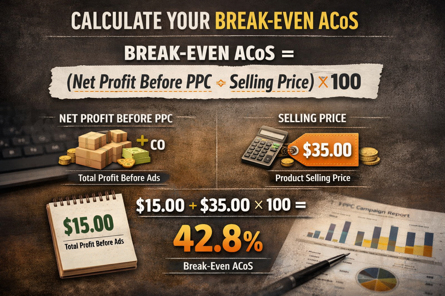 Break-Even ACoS Formula for Amazon Sellers Break-even ACoS formula calculation showing net profit before PPC divided by selling price for unit economics