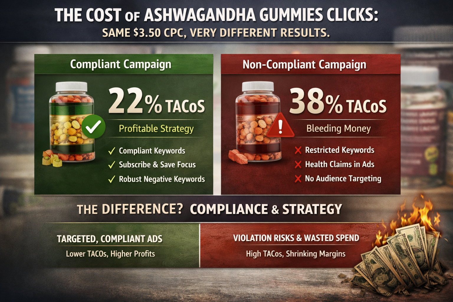 Amazon PPC for Supplement Brands TACoS Comparison Chart Amazon PPC for supplement brands showing TACoS comparison between compliant and non-compliant campaigns