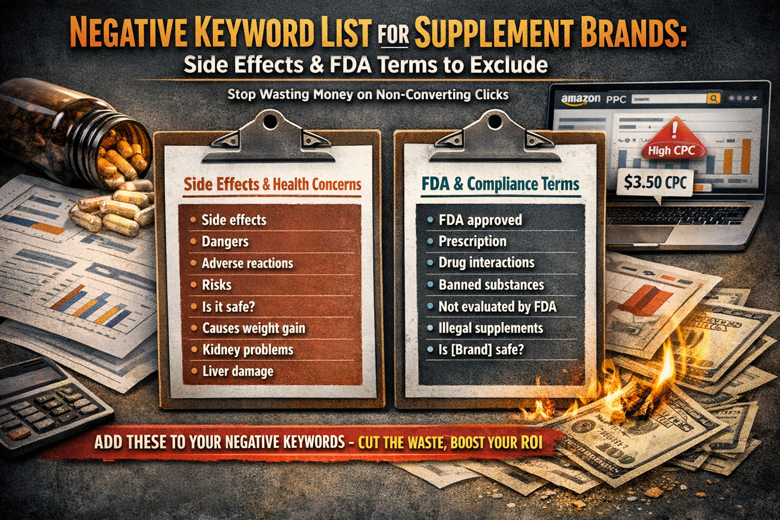 Amazon Supplement PPC Negative Keyword Examples Amazon PPC for supplement brands negative keyword list showing side effects and FDA terms to exclude