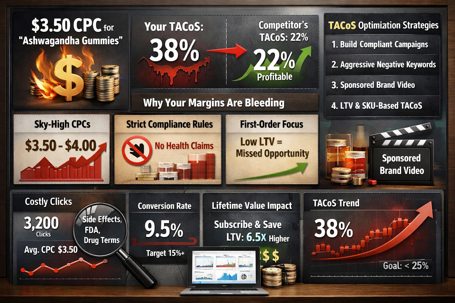 Amazon PPC for supplement brands dashboard showing high CPC costs and TACoS optimization strategies