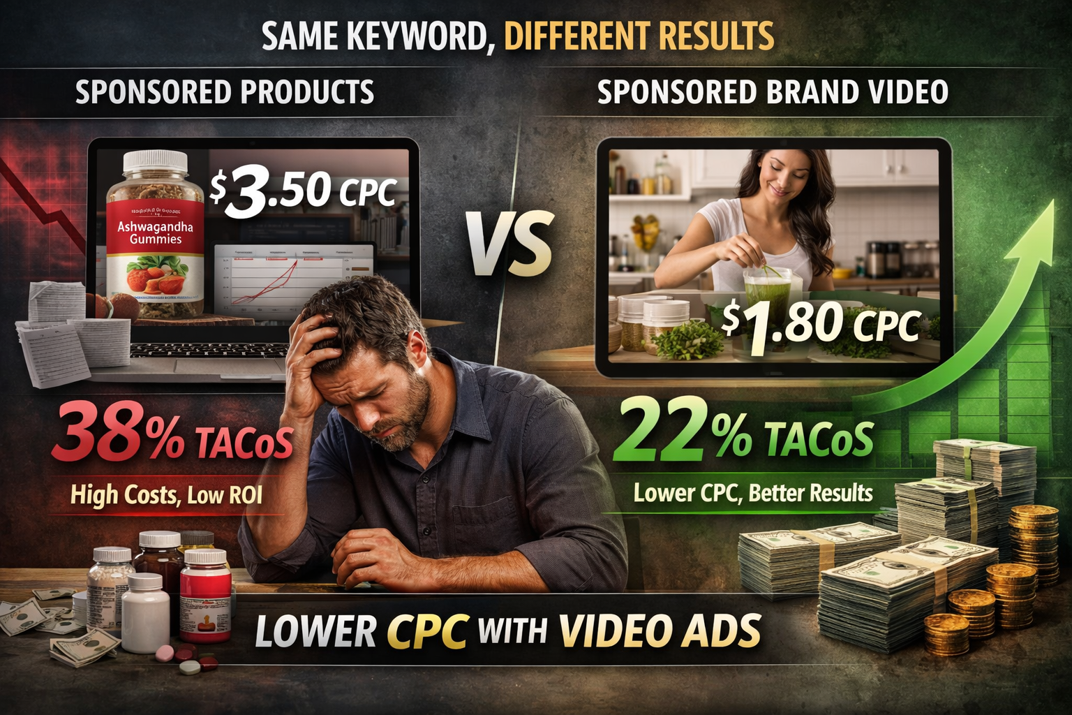 Supplement Brands Sponsored Brand Video Performance Metrics Sponsored Brand Video results for supplement brands showing lower CPC compared to Sponsored Products