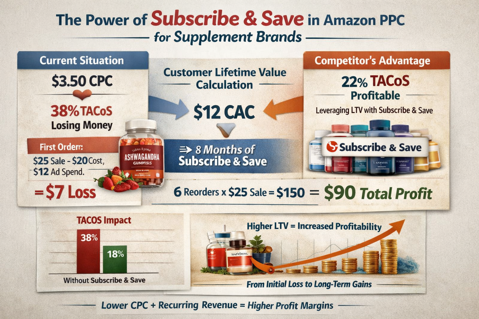 Supplement Customer Lifetime Value Calculation for Amazon PPC Customer lifetime value calculation showing how Subscribe & Save affects Amazon PPC for supplement brands