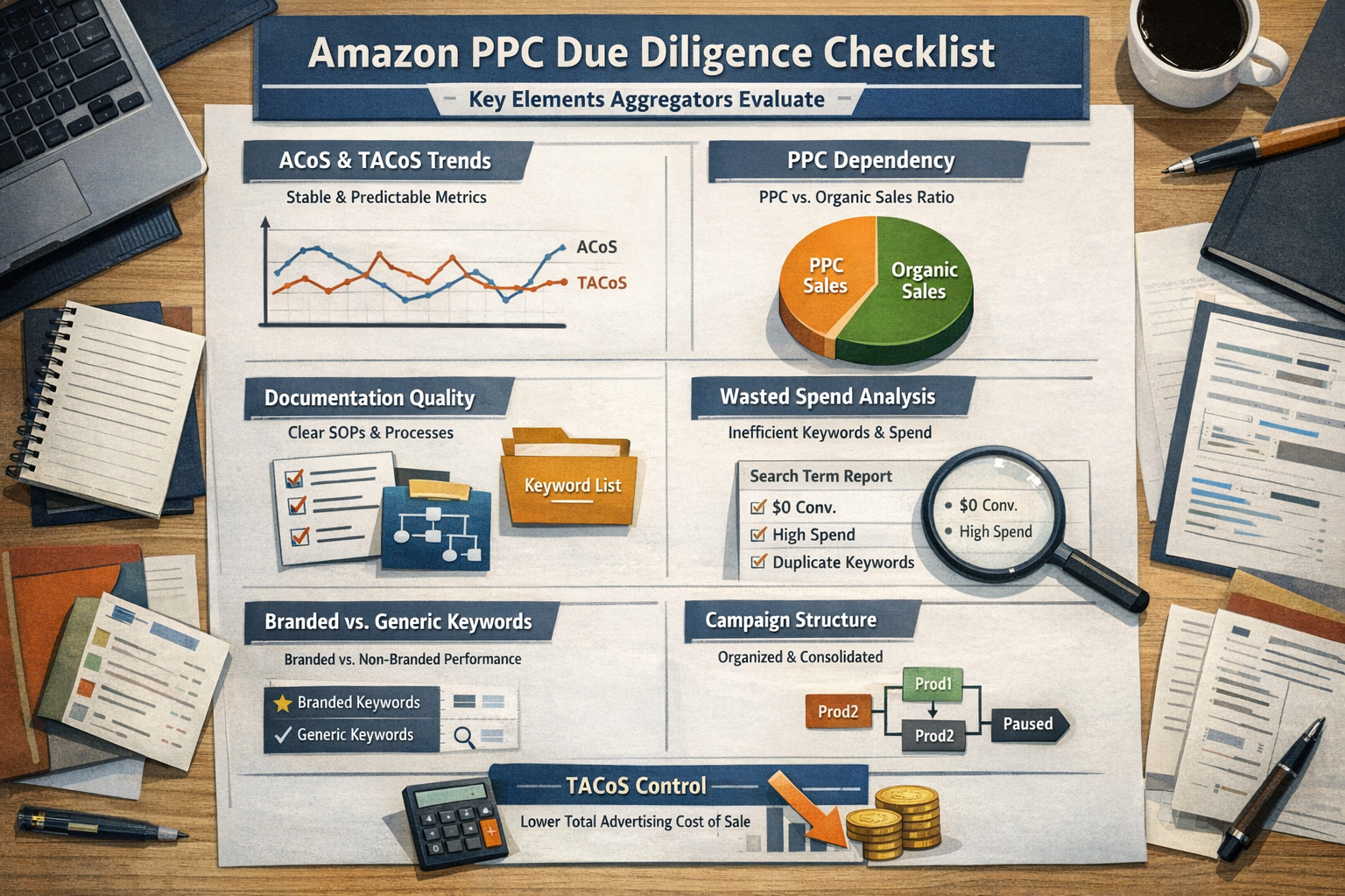Visual checklist of Amazon PPC optimization elements aggregators evaluate during due diligence