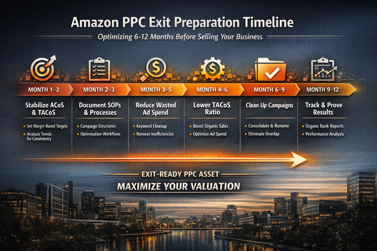 Timeline showing 6-12 month Amazon PPC optimization preparation process before business exit