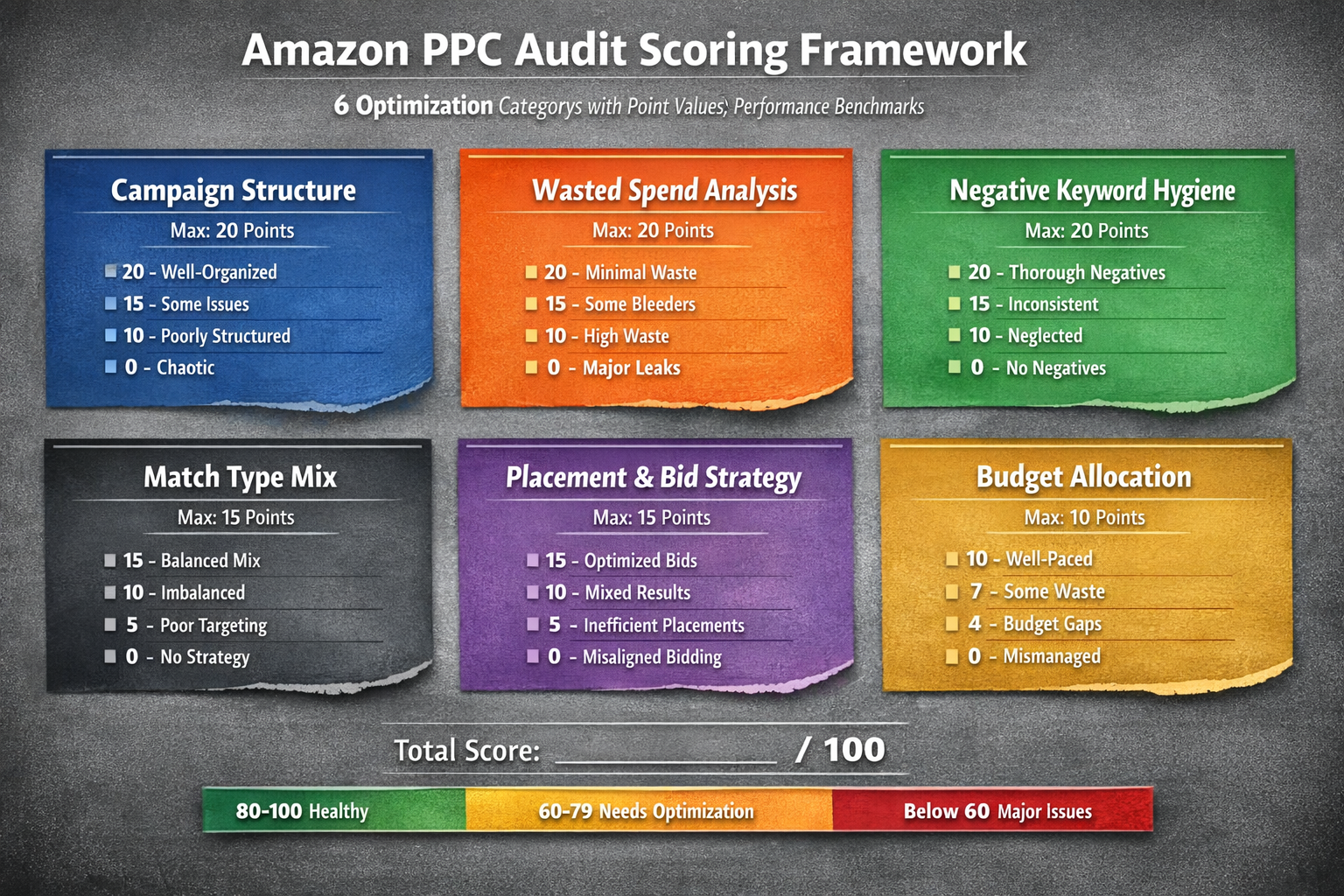 Amazon ppc audit scoring framework showing six optimization categories with point values and performance benchmarks