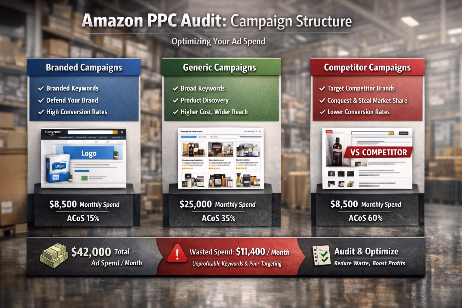 Well-organized amazon ppc audit campaign structure separating branded, generic, and competitor campaigns