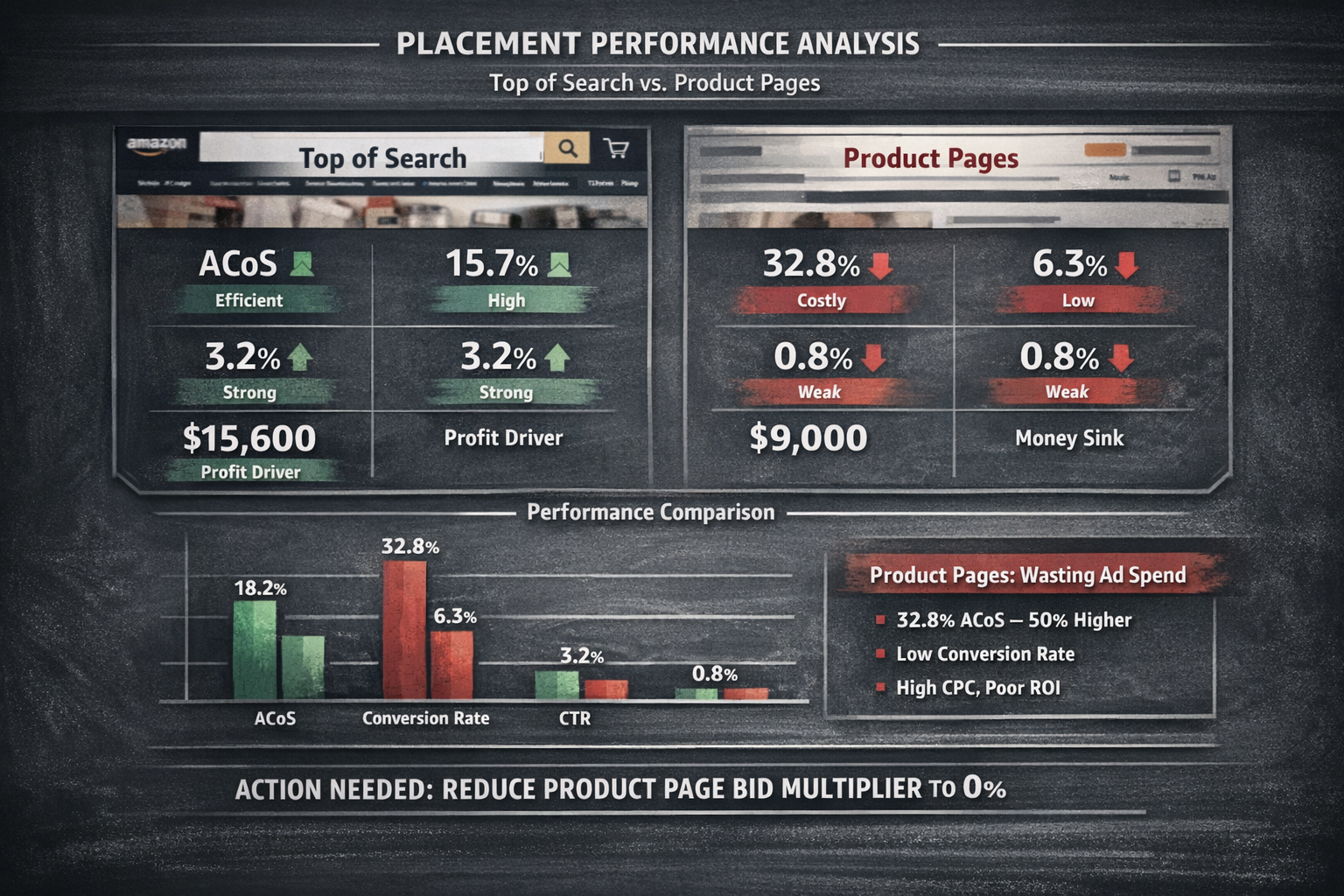 Amazon ppc audit placement tab showing performance comparison between top of search and product pages