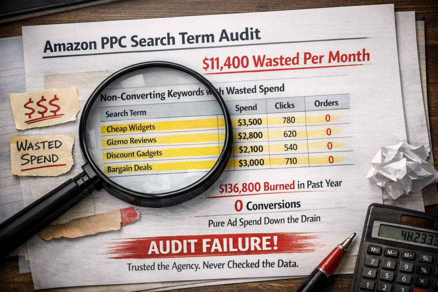 Amazon ppc audit search term report highlighting non-converting keywords with wasted ad spend