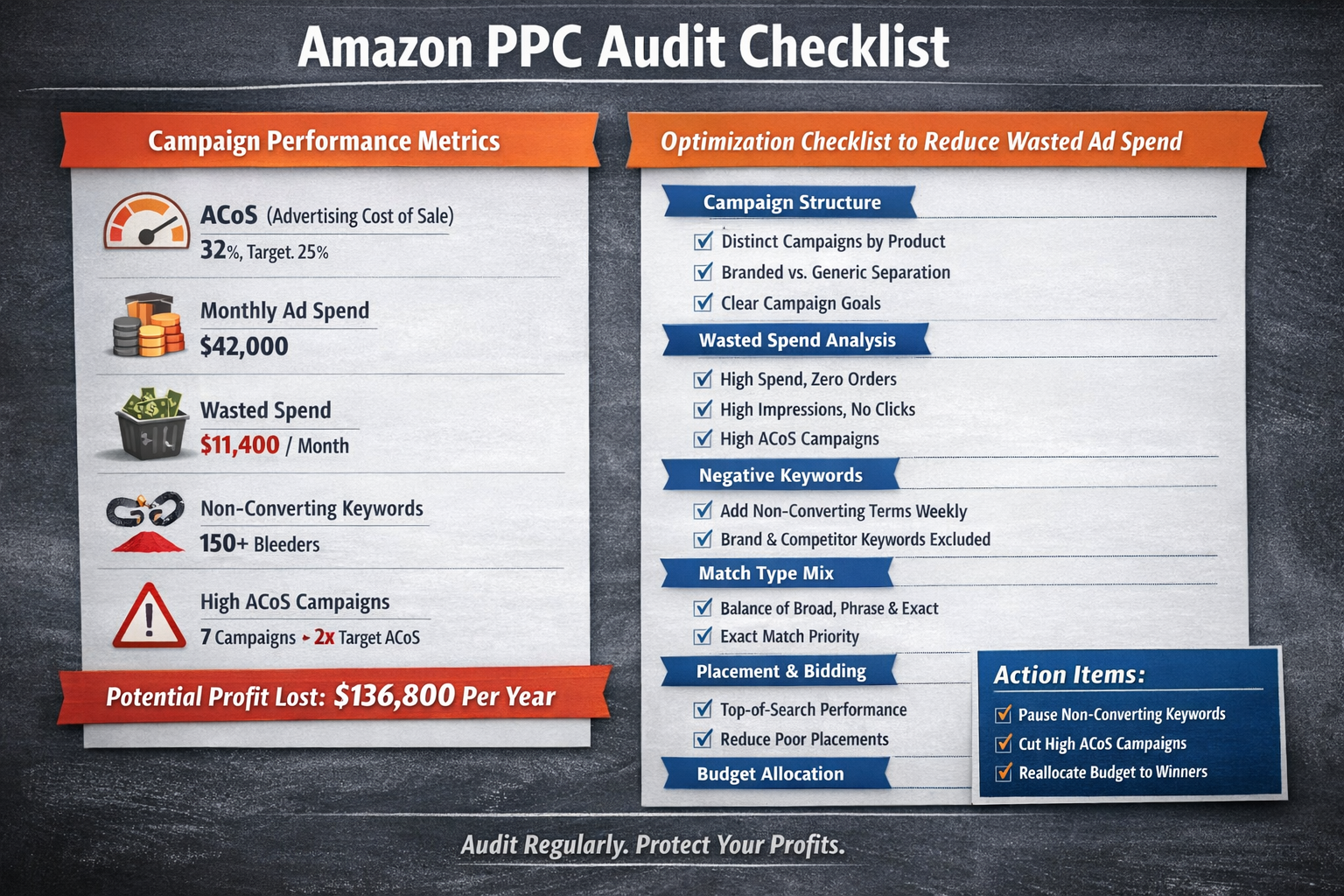 Amazon PPC audit checklist showing campaign performance metrics and optimization checklist for reducing wasted ad spend