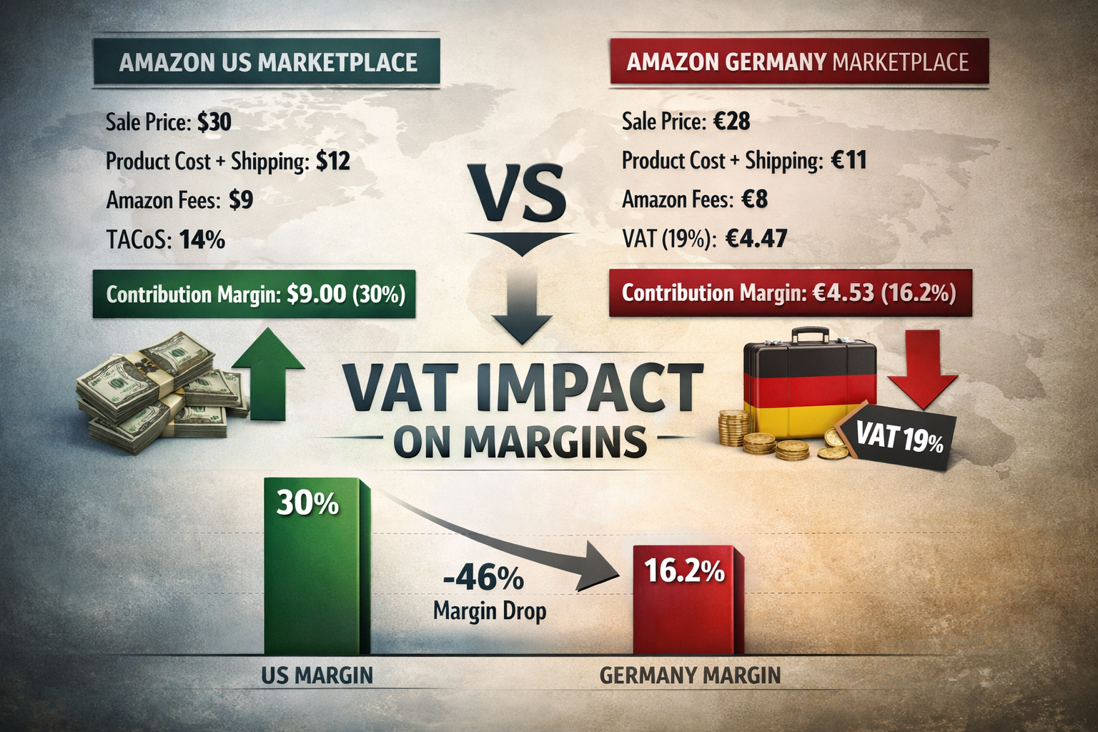 Amazon Europe expansion VAT calculation showing margin reduction from US to Germany marketplace