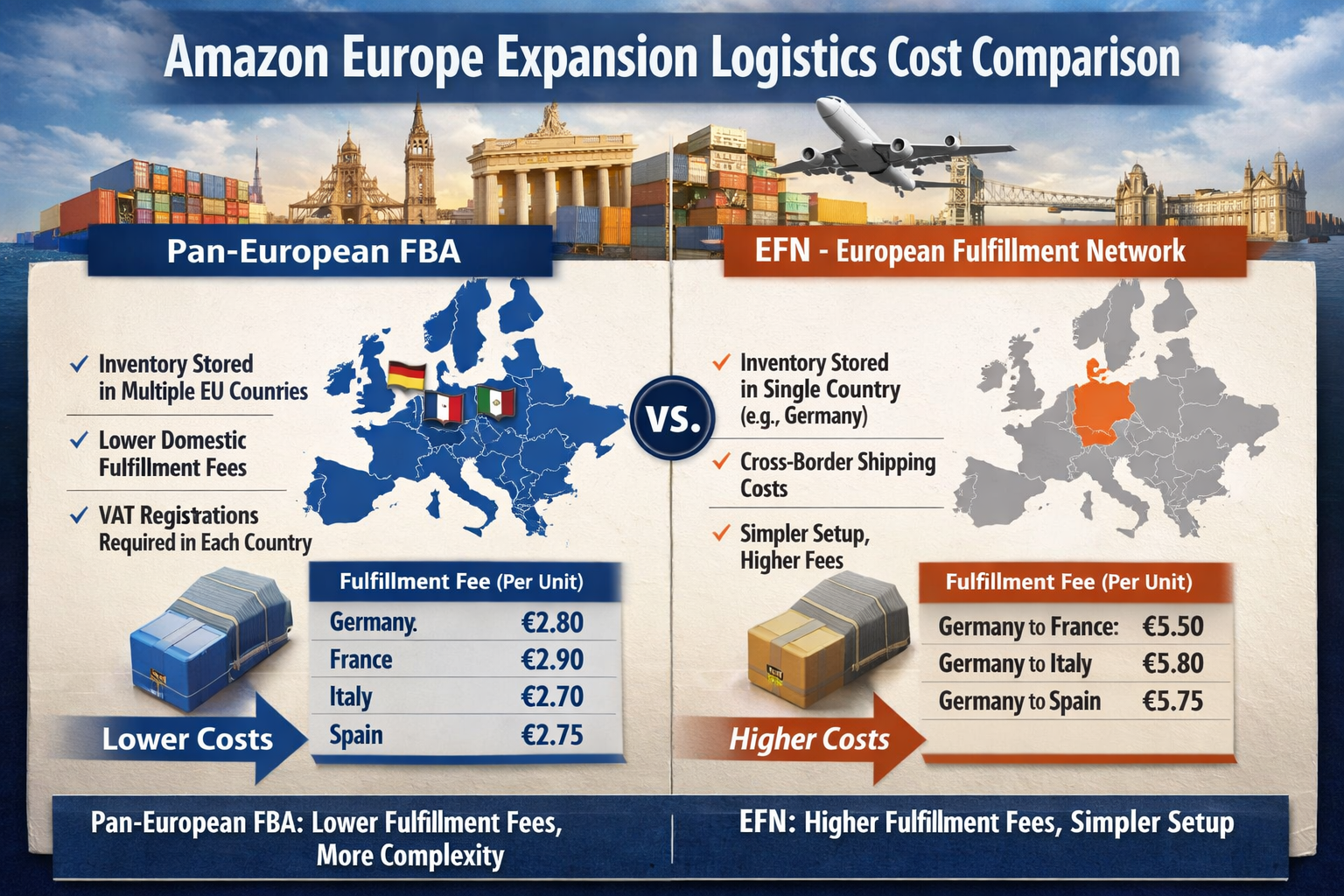 Amazon Europe expansion logistics comparison showing Pan-European FBA versus EFN fulfillment fees