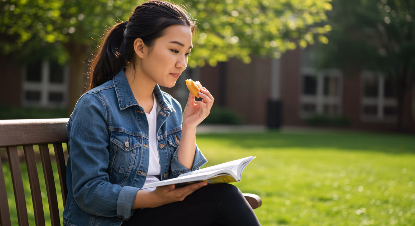 College student facing basic needs insecurity eating a piece of bread while studying on campus grounds.