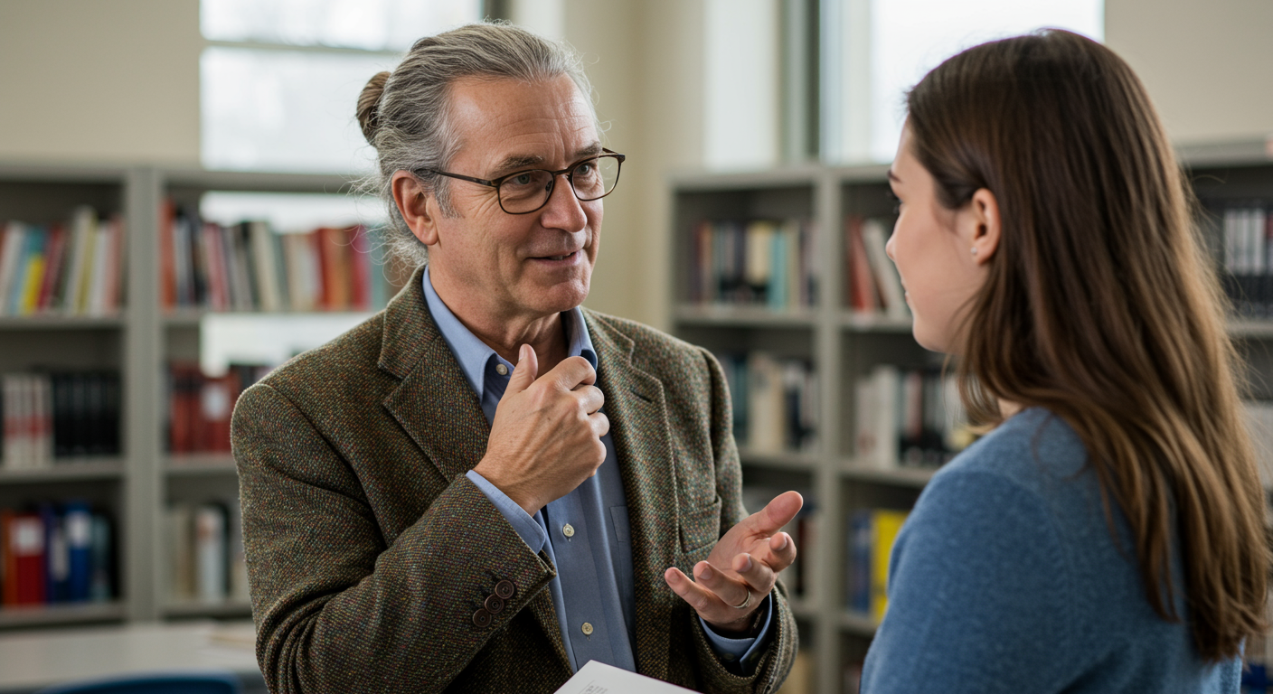 College student speaking with a school official receiving support to address basic needs insecurity.