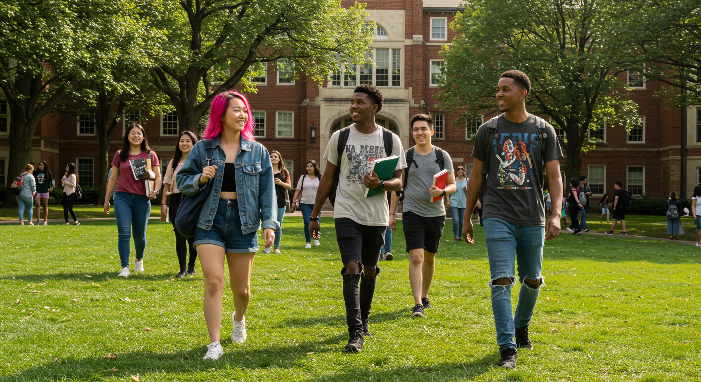 College Students Engaging in Campus Mental Health Programs Group of college students walking and talking on campus, benefiting from campus mental health programs.