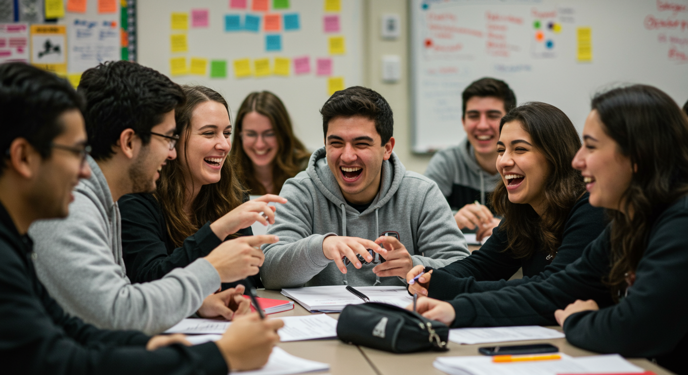 College Students Participating in Campus Mental Health Programs Group of college students laughing and discussing in a classroom during campus mental health programs.