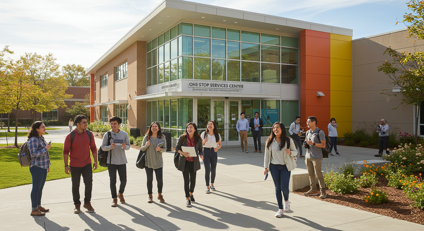 Successful Students with One Stop Student Services Happy successful students inside a campus supported by a one stop student services center.