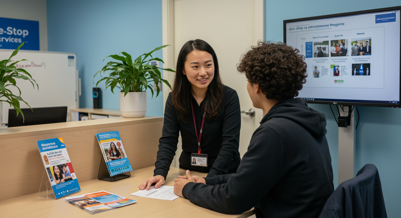One Stop Student Services Assistance One stop student services staff assisting a student and discussing possible assistance programs inside the office.