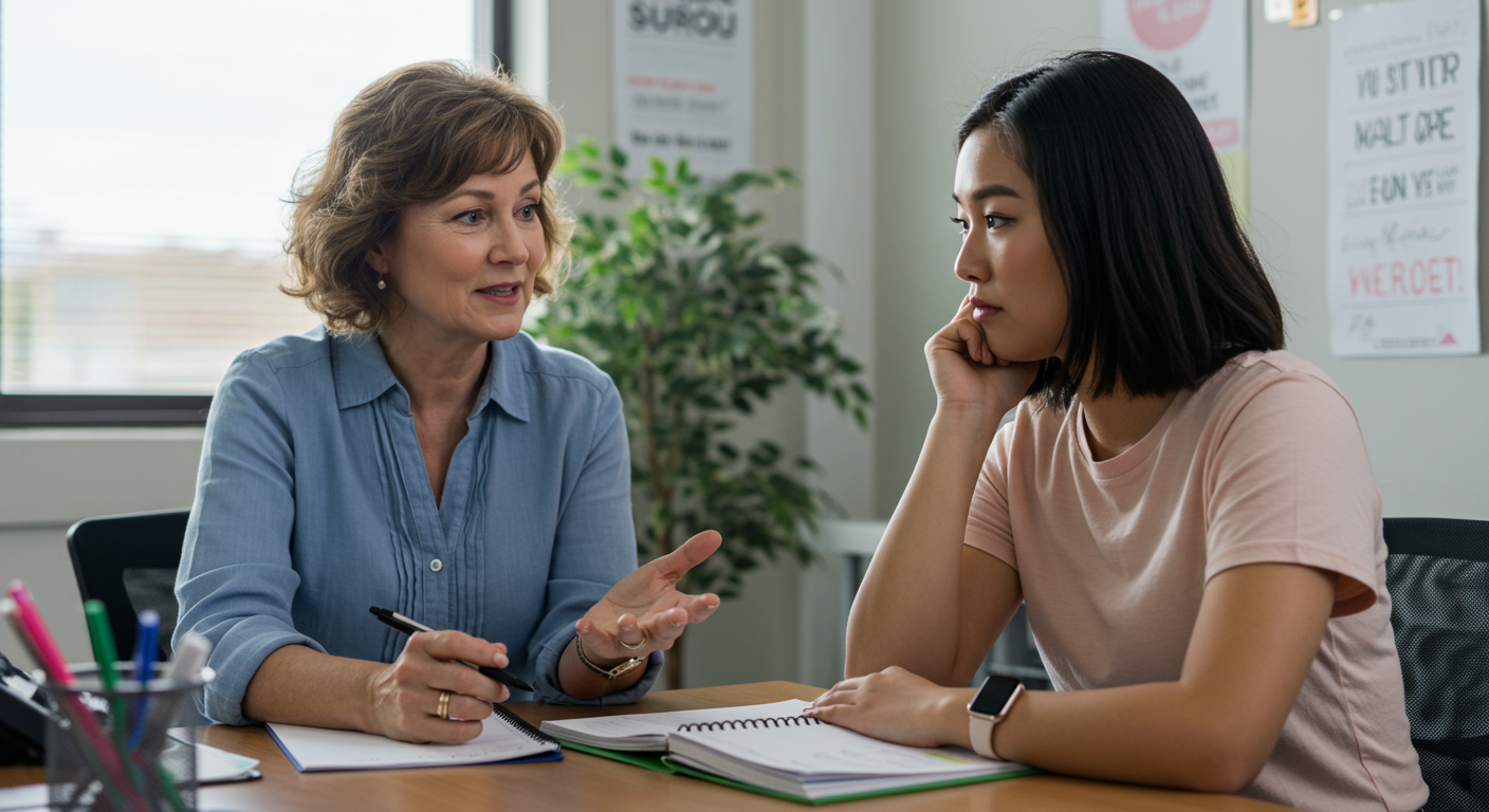 Guidance Counselor Providing Student Burnout Prevention Strategies A school guidance counselor talking to a college student about student burnout prevention strategies, offering advice on managing stress and staying motivated.