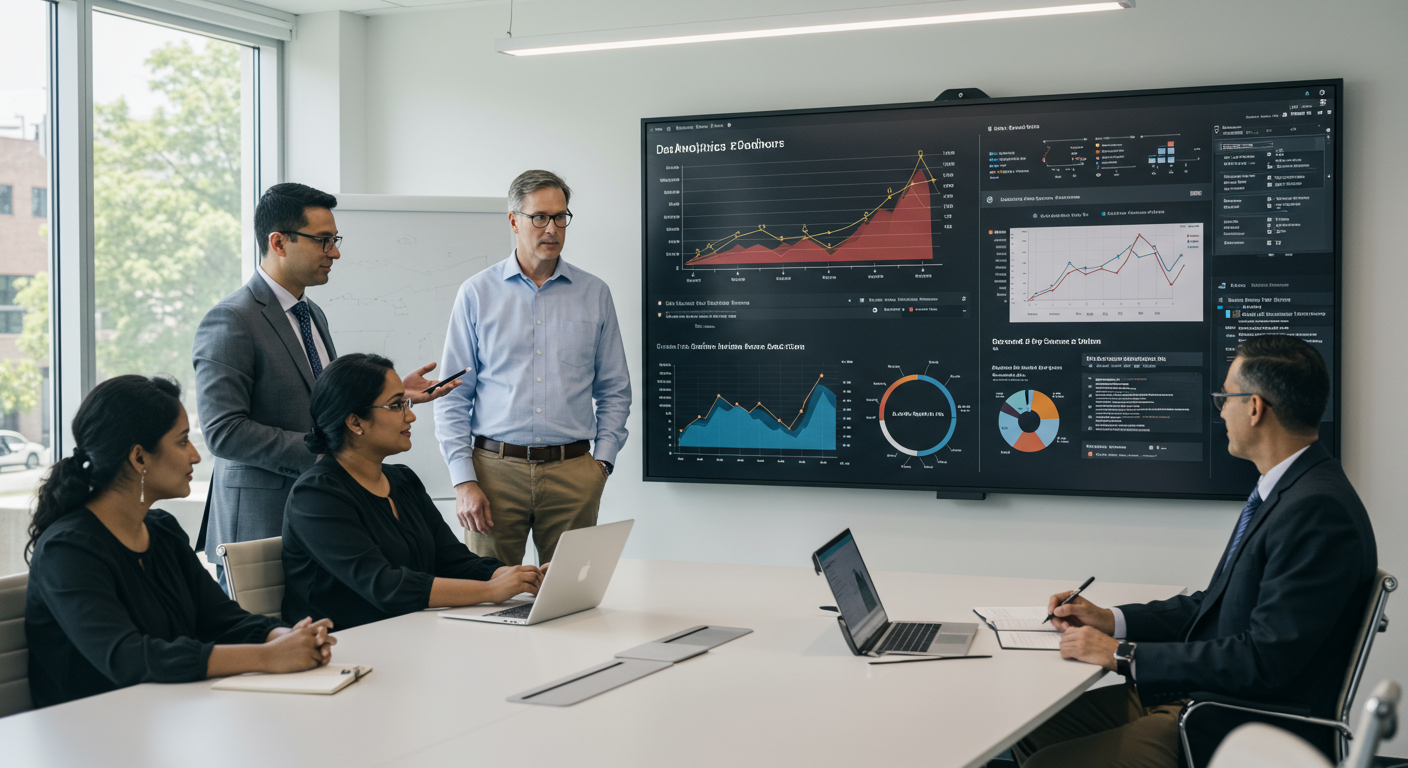 student retention strategies with data analytics Campus leadership team reviewing student retention strategies with data analytics dashboard showing enrollment trends and AI-powered intervention systems for 2035
