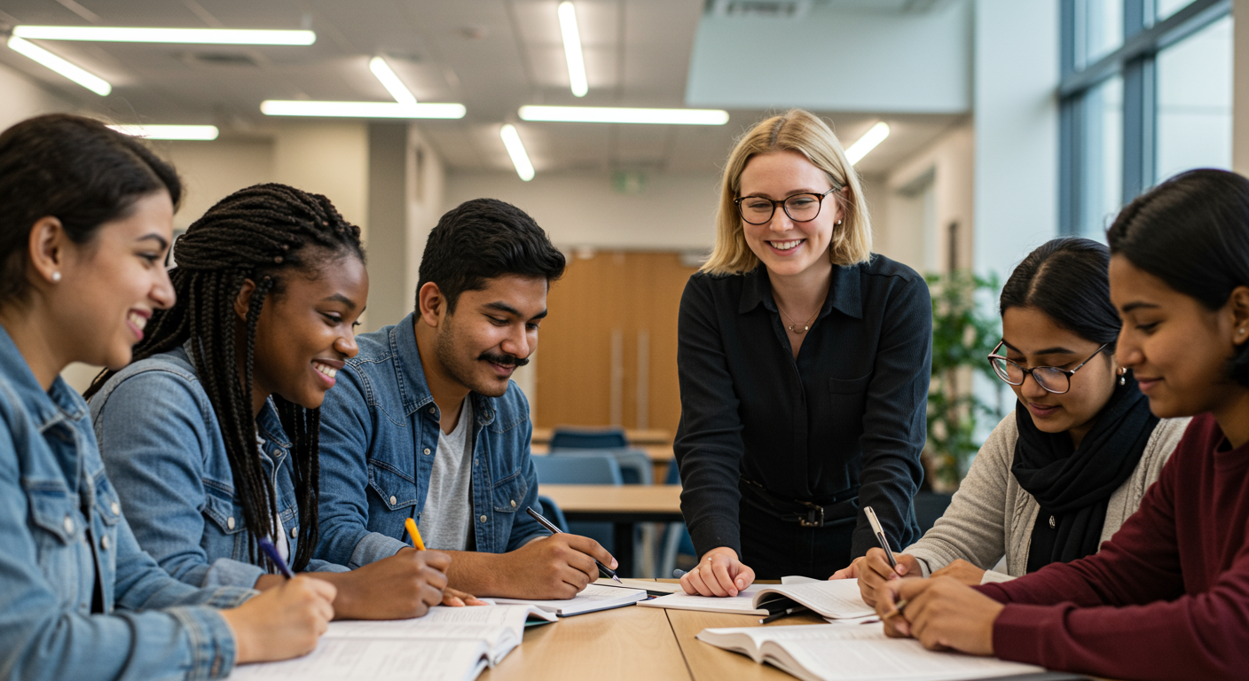Diverse first-generation college students collaborating in learning community with peer mentor providing retention support and academic guidance

