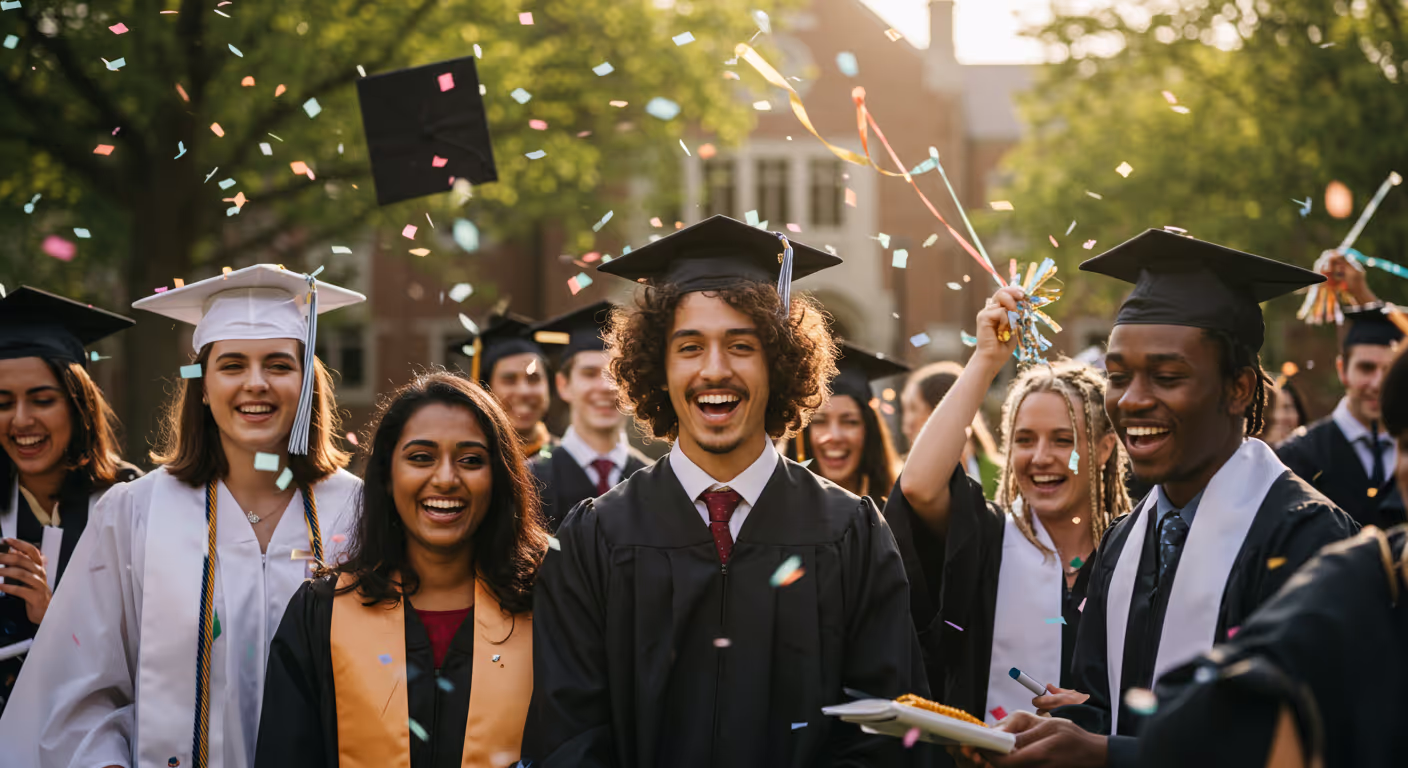 Happy group of college graduate students celebrating success through First-generation student retention strategies.