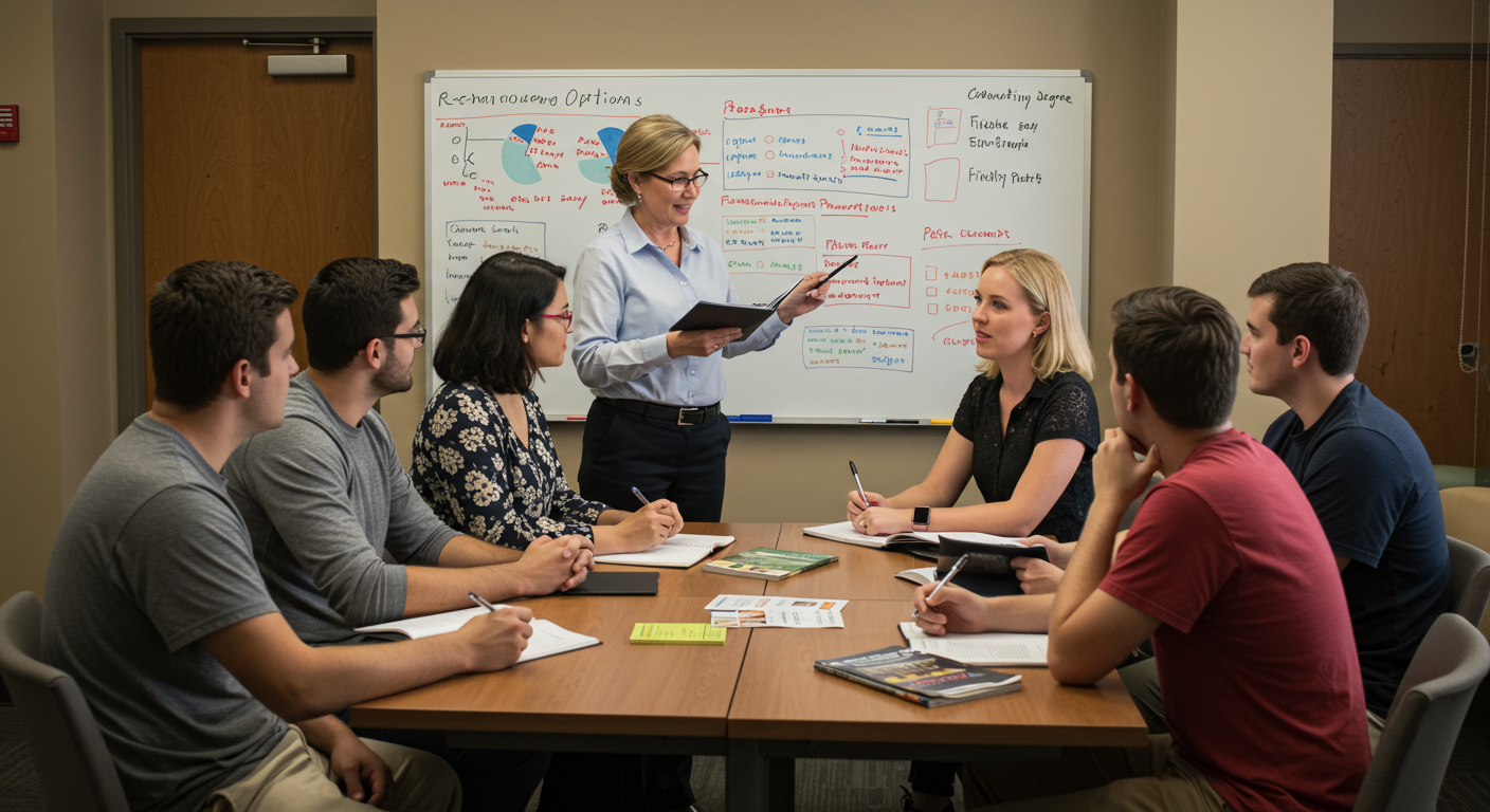 Stop out students meeting with college advisor to discuss re-enrollment options and flexible degree completion programs
