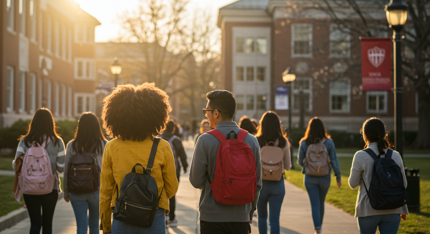 Group of stop out students walking together across a college campus, symbolizing successful re-enrollment and the positive impact of institutional re-engagement programs.