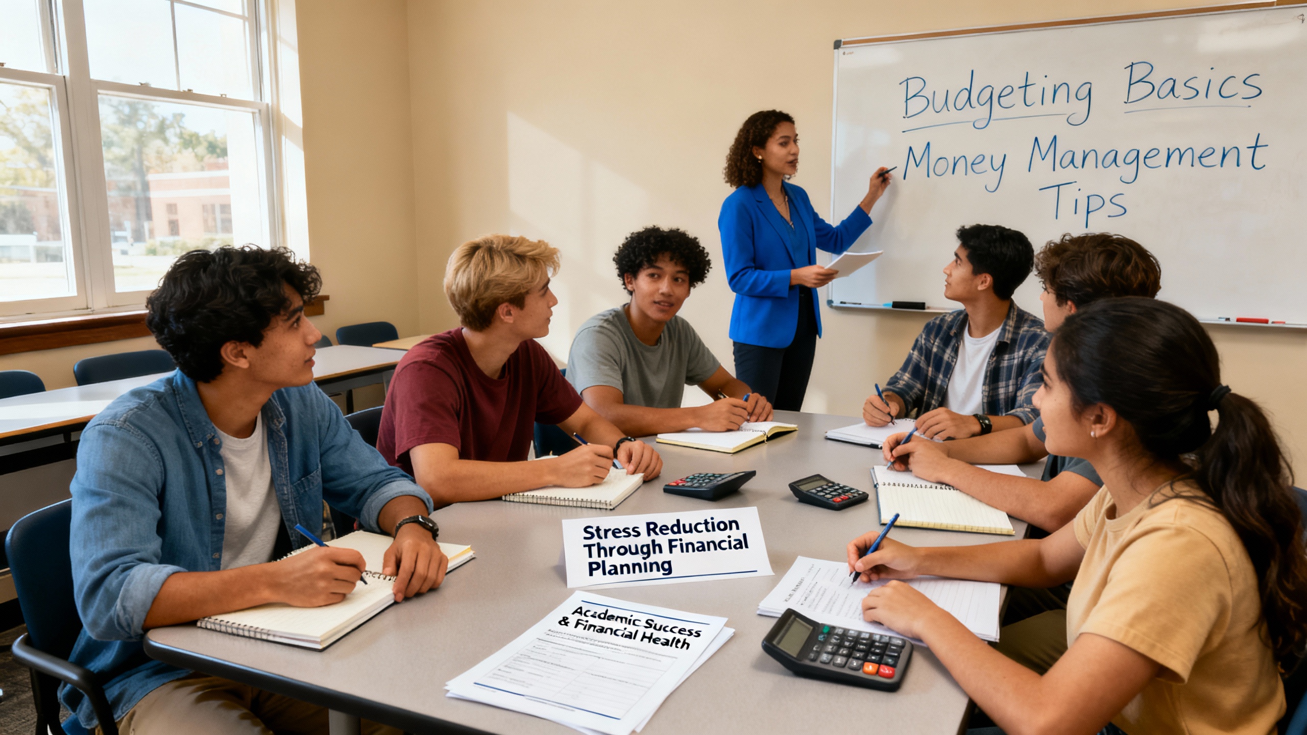 Diverse college students participating in financial wellness workshop learning budgeting and money management skills to reduce stress and improve academic success