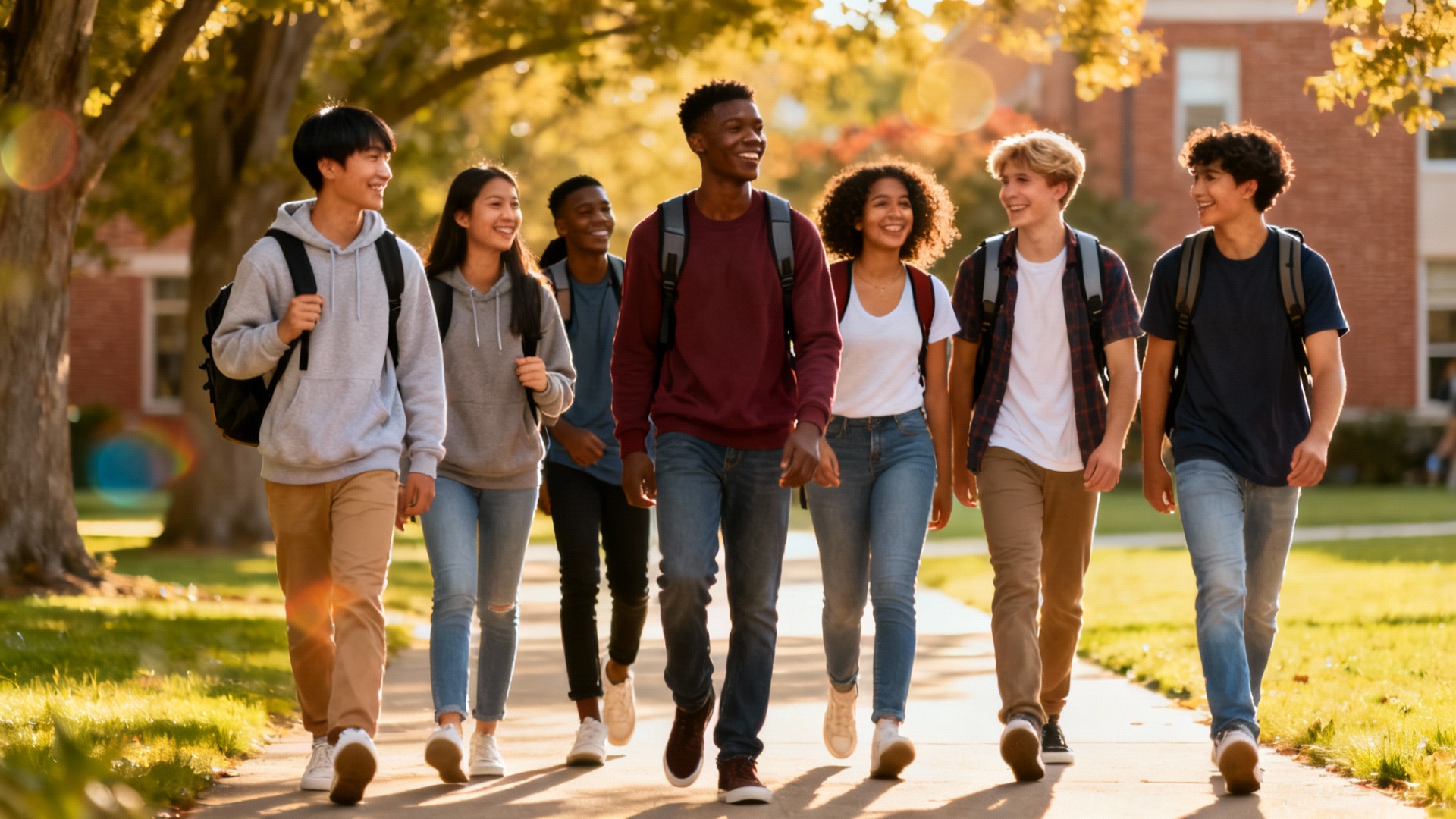 Diverse group of college freshmen walking on campus with backpacks learning freshman year college tips for success