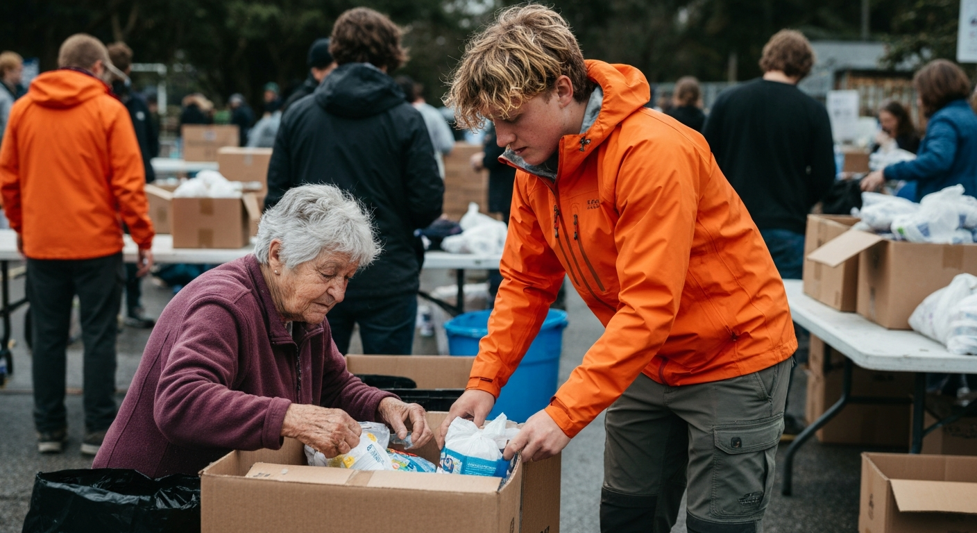 College Student Volunteering for Typhoon Relief – 8 Dimensions of Wellness College College student volunteering to help typhoon victims, demonstrating social responsibility as part of the 8 dimensions of wellness college framework.