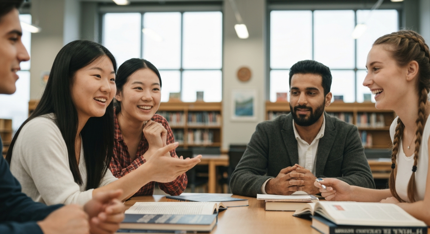 College Students Discussing Wellness on Campus – 8 Dimensions of Wellness College Group of college students discussing wellness on campus, highlighting the importance of the 8 dimensions of wellness college framework.