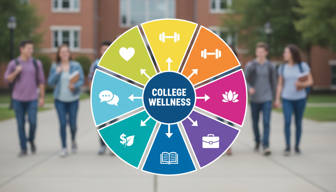 Colorful wheel diagram illustrating the 8 dimensions of wellness in college including emotional, physical, social, intellectual, spiritual, environmental, financial, and occupational wellness