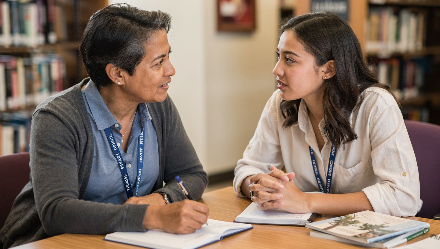 Parent having supportive conversation with college freshman student during first semester transition