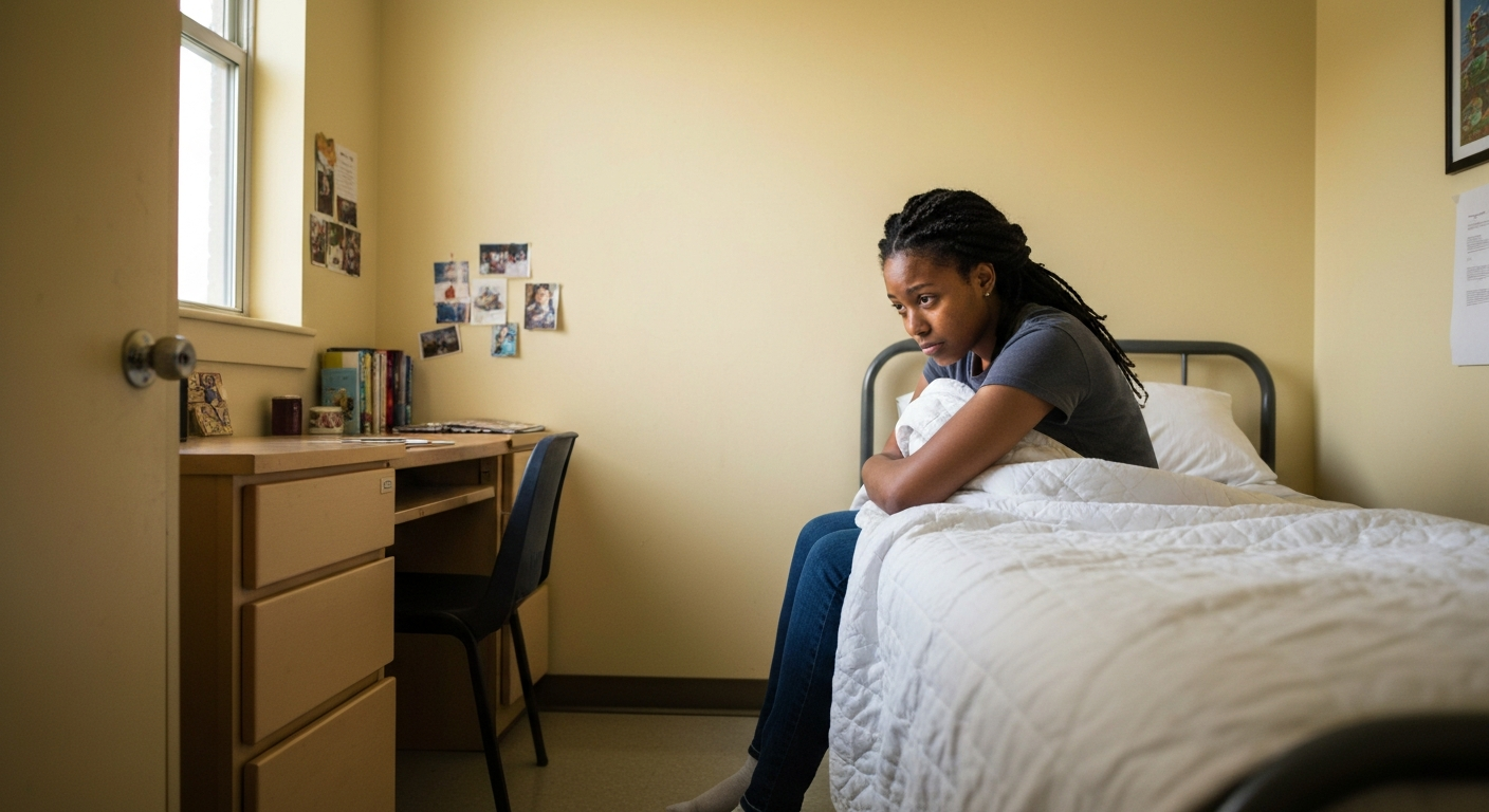 College Student Looking Homesick at Her Bed in Dormitory – First Semester College Advice for Parents College student looking homesick at her bed in dormitory, reflecting on adjustment challenges and highlighting the need for first semester college advice for parents.