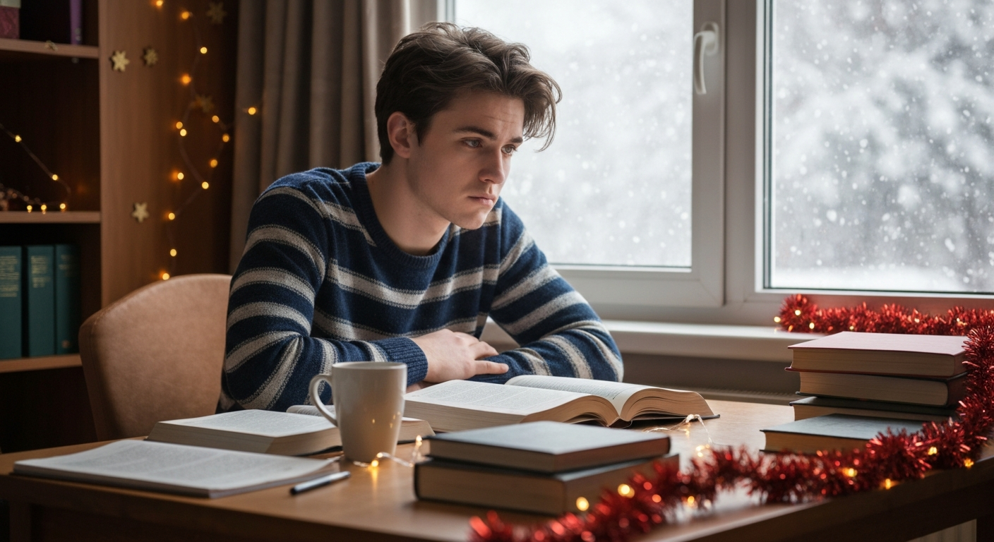 Sad College Student by Window During Holidays – First Semester College Advice for Parents College student looking sad while gazing outside a window with Christmas decorations, books on the table, reflecting holiday homesickness and first semester college advice for parents.