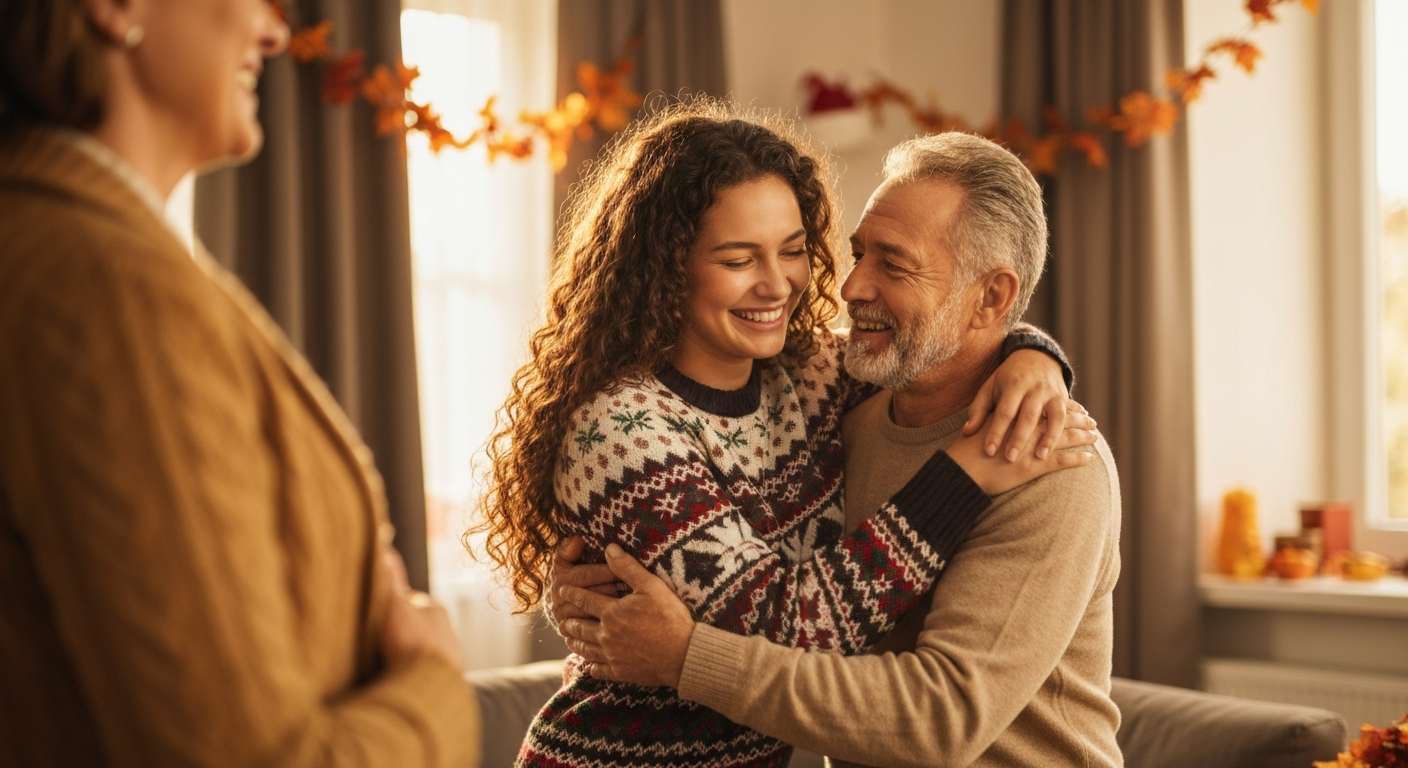 College Student Reunited With Parents on Thanksgiving – First Semester College Advice for Parents College student reunited with parents on Thanksgiving, sharing a warm embrace that reflects family support and first semester college advice for parents.