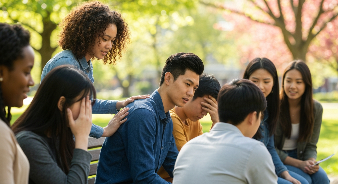 A group of college students sitting in a campus garden, helping a student struggling with college stress