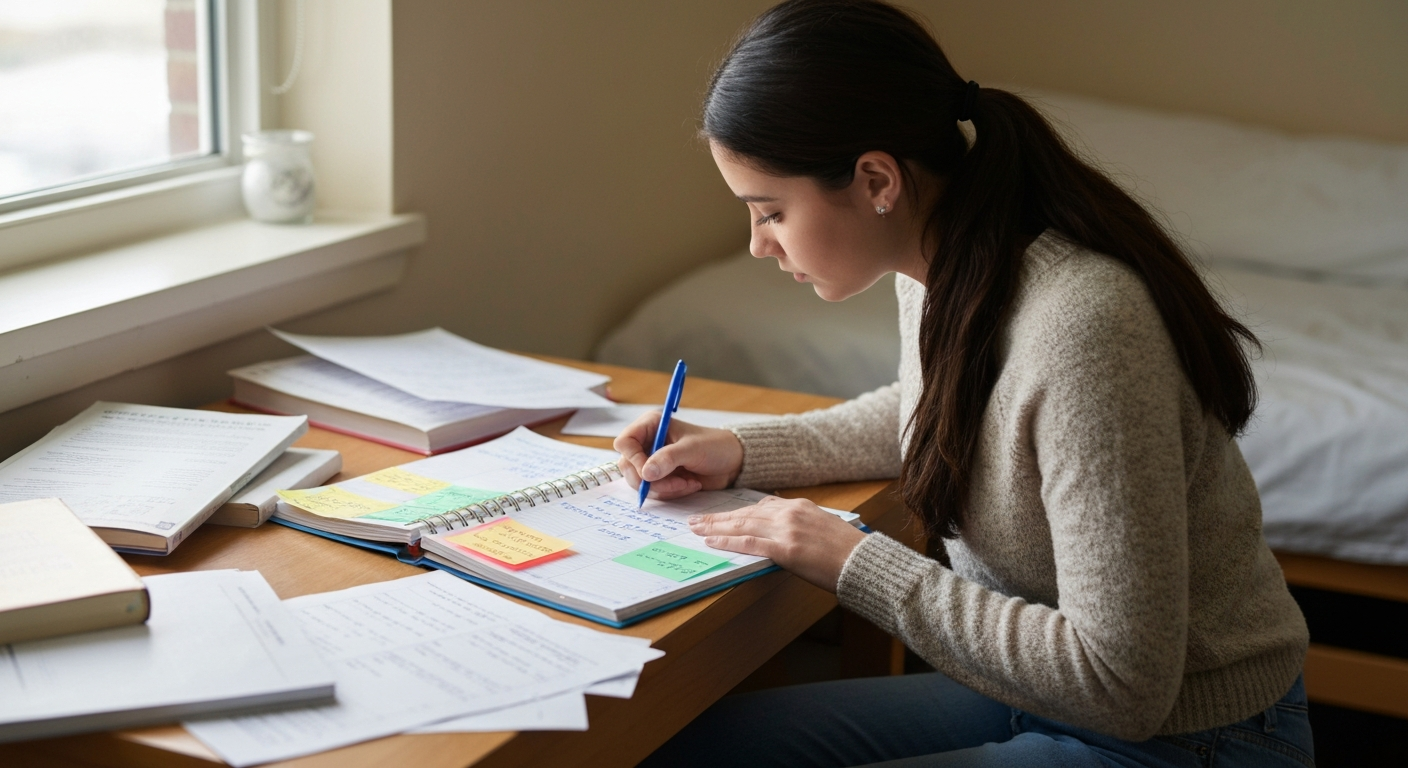 Managing a color-coded calendar while in College College student's weekly calendar showing color-coded time blocks for classes, work shifts, study sessions, and personal time