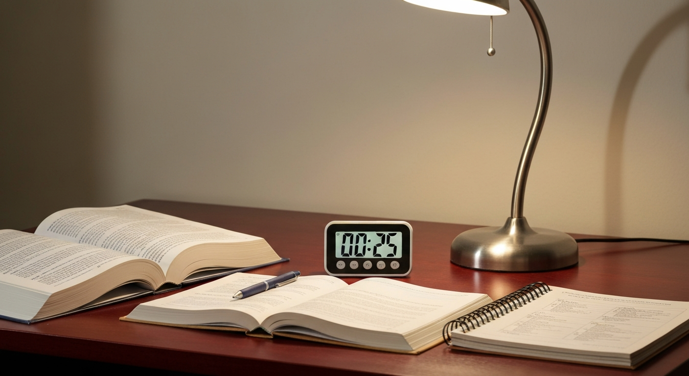 Pomodoro Technique to Focus Student desk with timer, textbooks, and notebook showing 25-minute focused Pomodoro study session