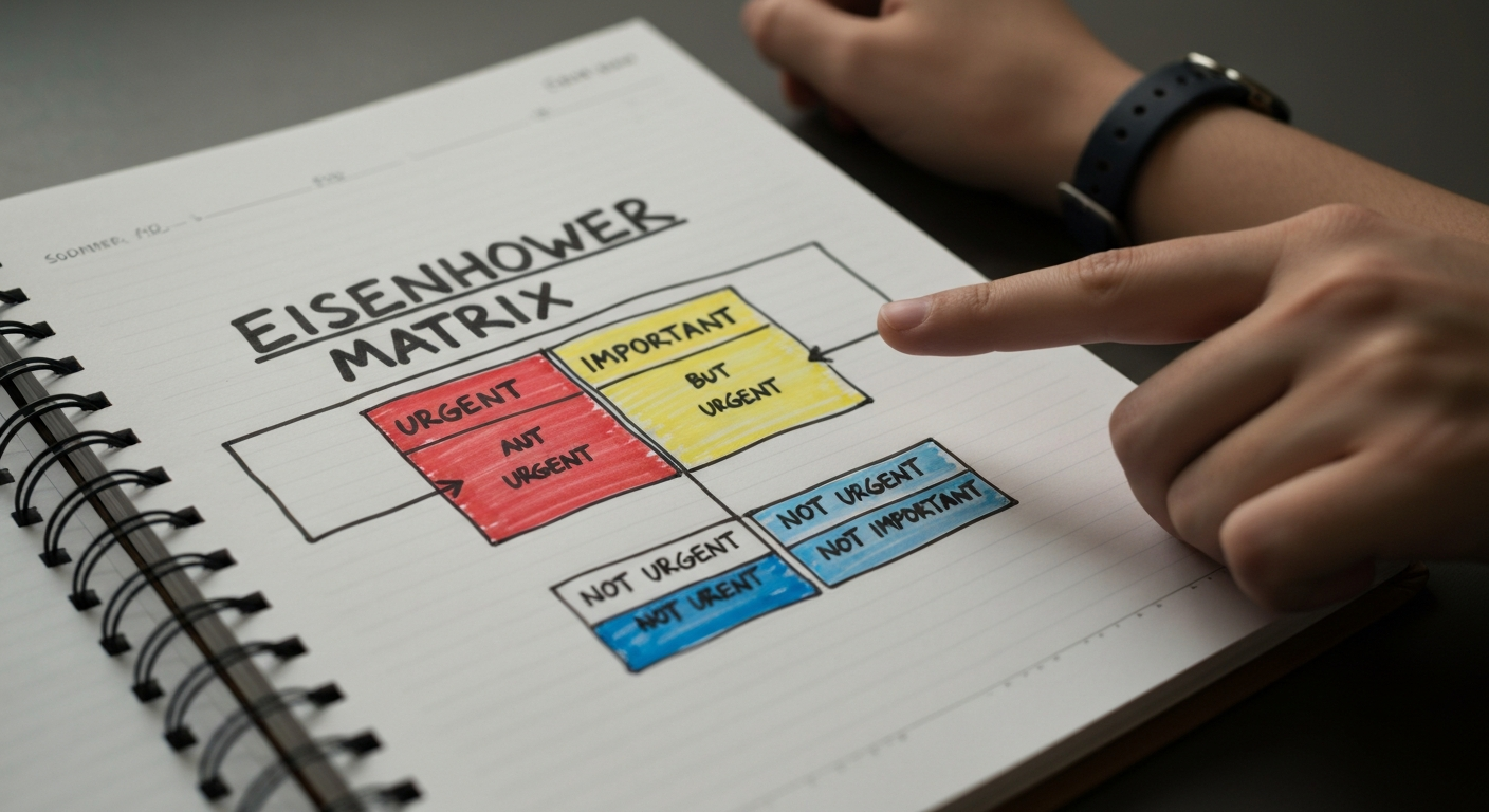 Mastering Time Management in College — Strategies to Balance Study and Life Hand-drawn Eisenhower Matrix diagram showing college tasks sorted into urgent-important quadrants