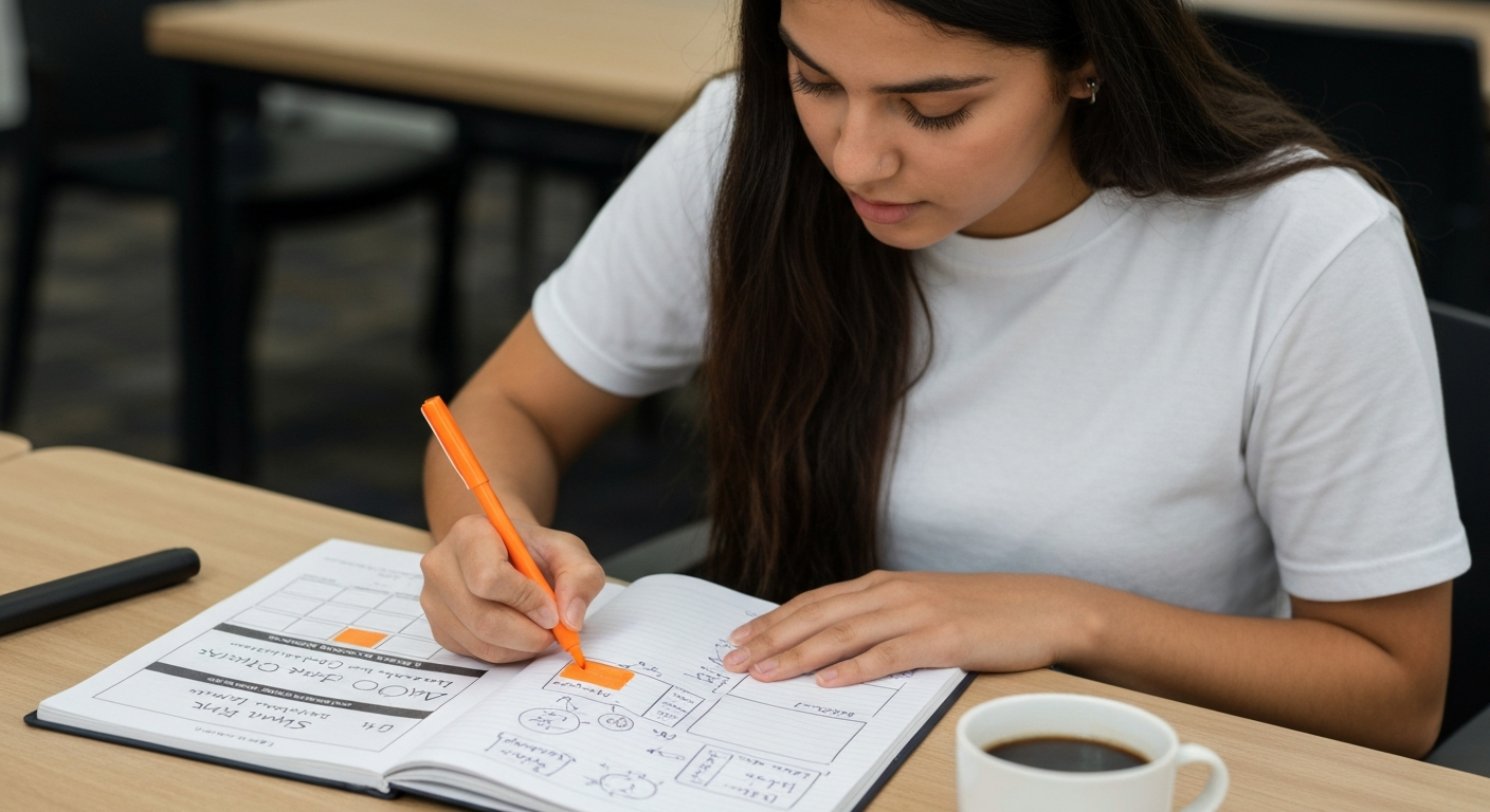 Student completing SMART goal worksheet for first-year college success planning with highlighter and notebook.