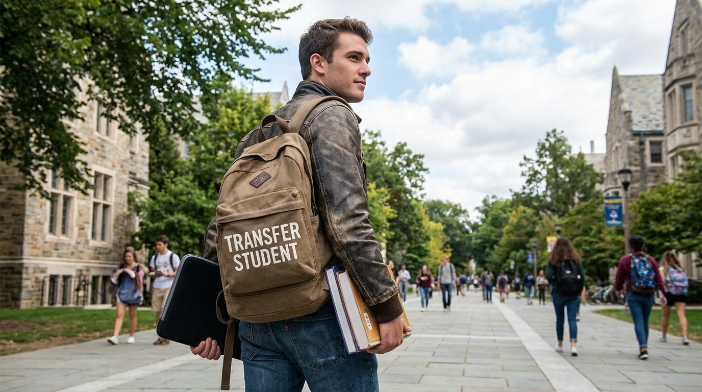 Transfer Student Success Tips - Confident transfer student walking across university campus with backpack carrying textbooks and laptop