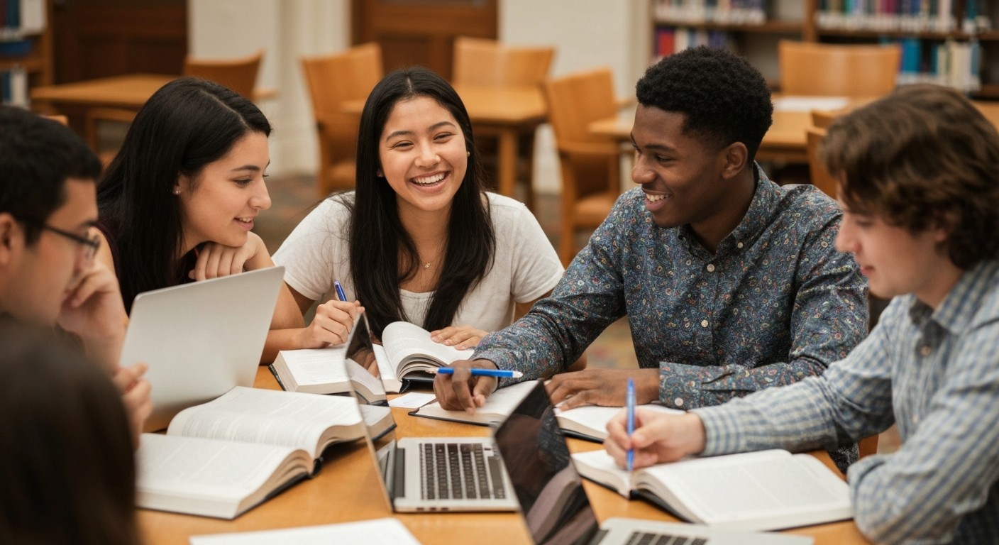 Diverse group of transfer students collaborating in study group at university library table with textbooks and laptops