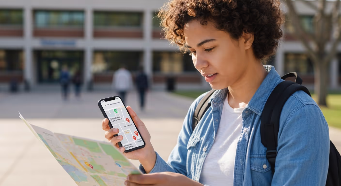 Transfer student using campus map and smartphone to locate academic support services and student resources during first week
