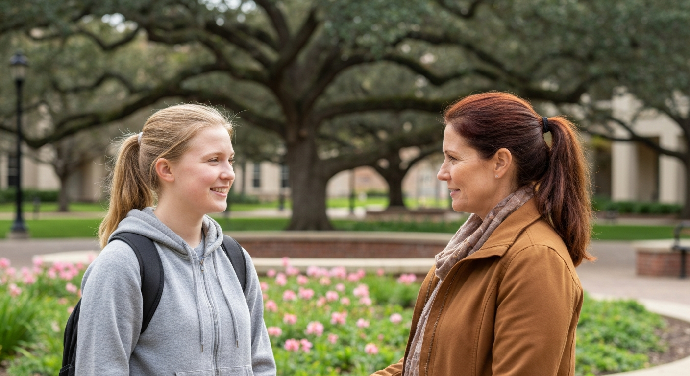 College student and parent having meaningful conversation outdoors on campus