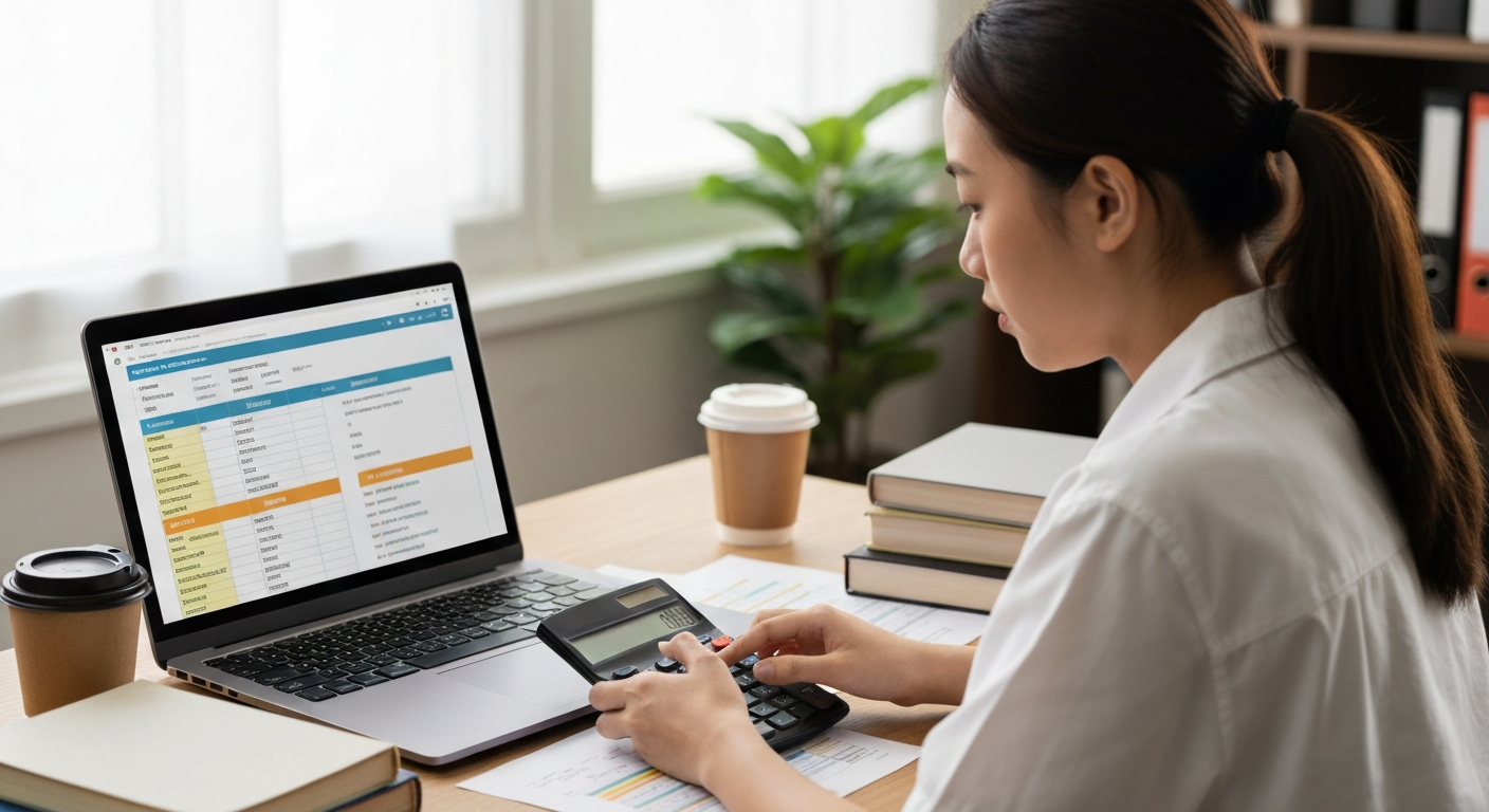 College student reviewing budget and managing finances independently with laptop and calculator